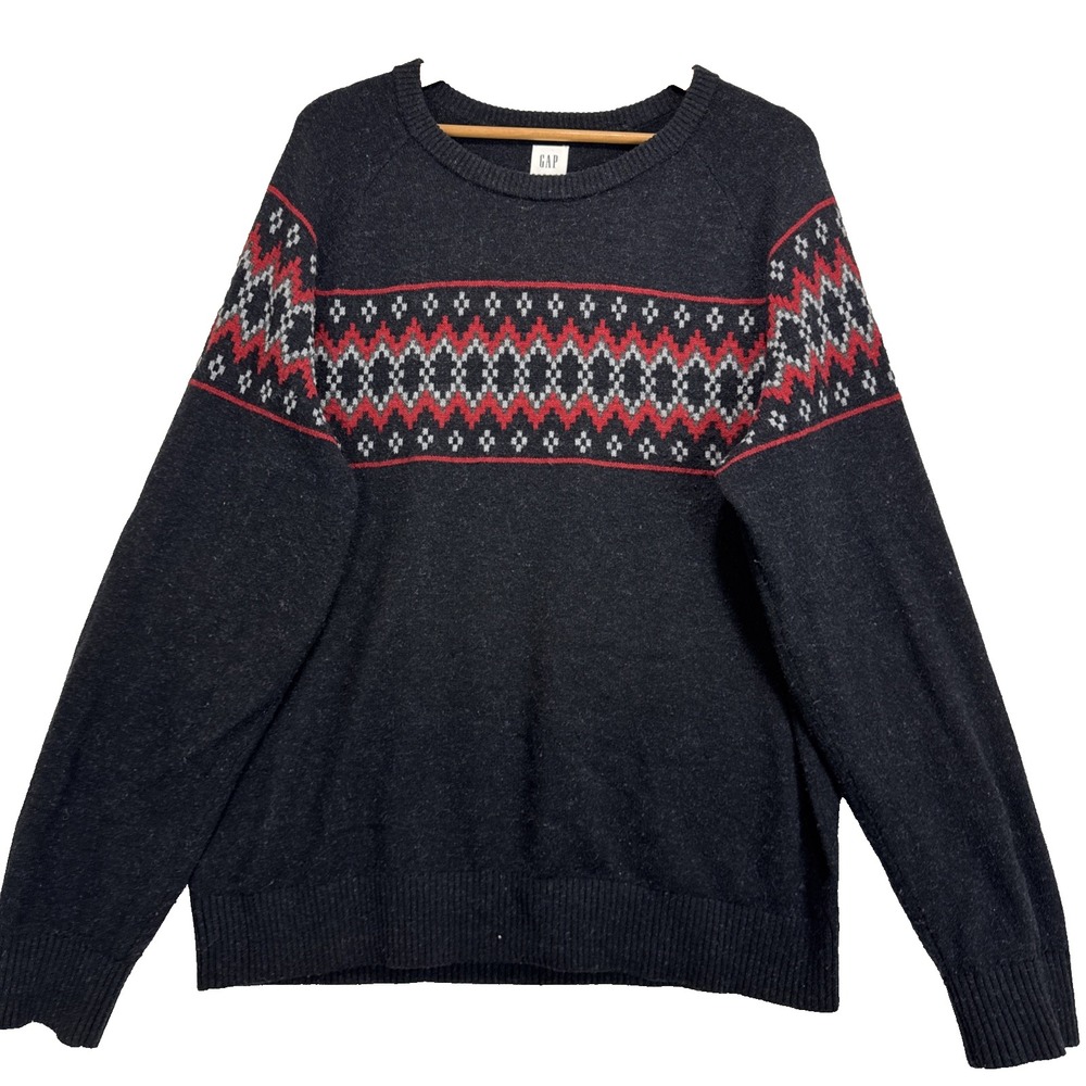 Gap Men's Argyle Sweater Cotton Wool Blend Crew Neck Red Black Grey Preppy XL